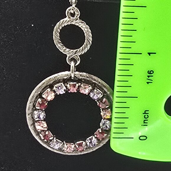 Vintage Black-tone Metal Purple Pink Rhinestone Circle Dangling Earrings - Picture 3 of 4
